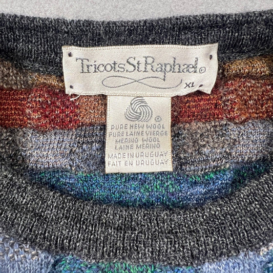Vintage Tricots St Raphael Sweater Mens XL Multi Color Merino Wool Basketweave