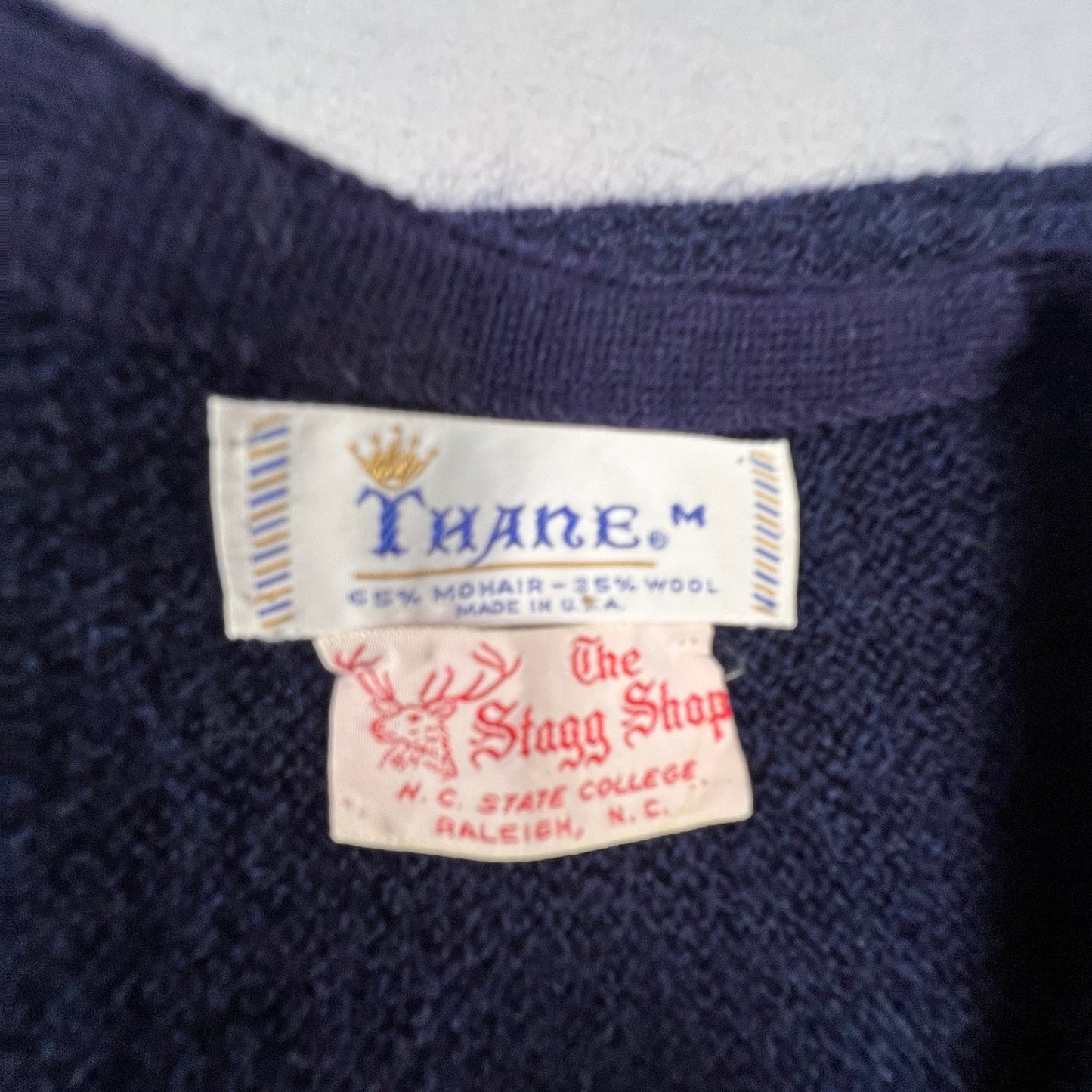 Thane Mohair Wool Sweater Mens Medium Blue V-Neck Vintage 60s Fuzzy Ivy League