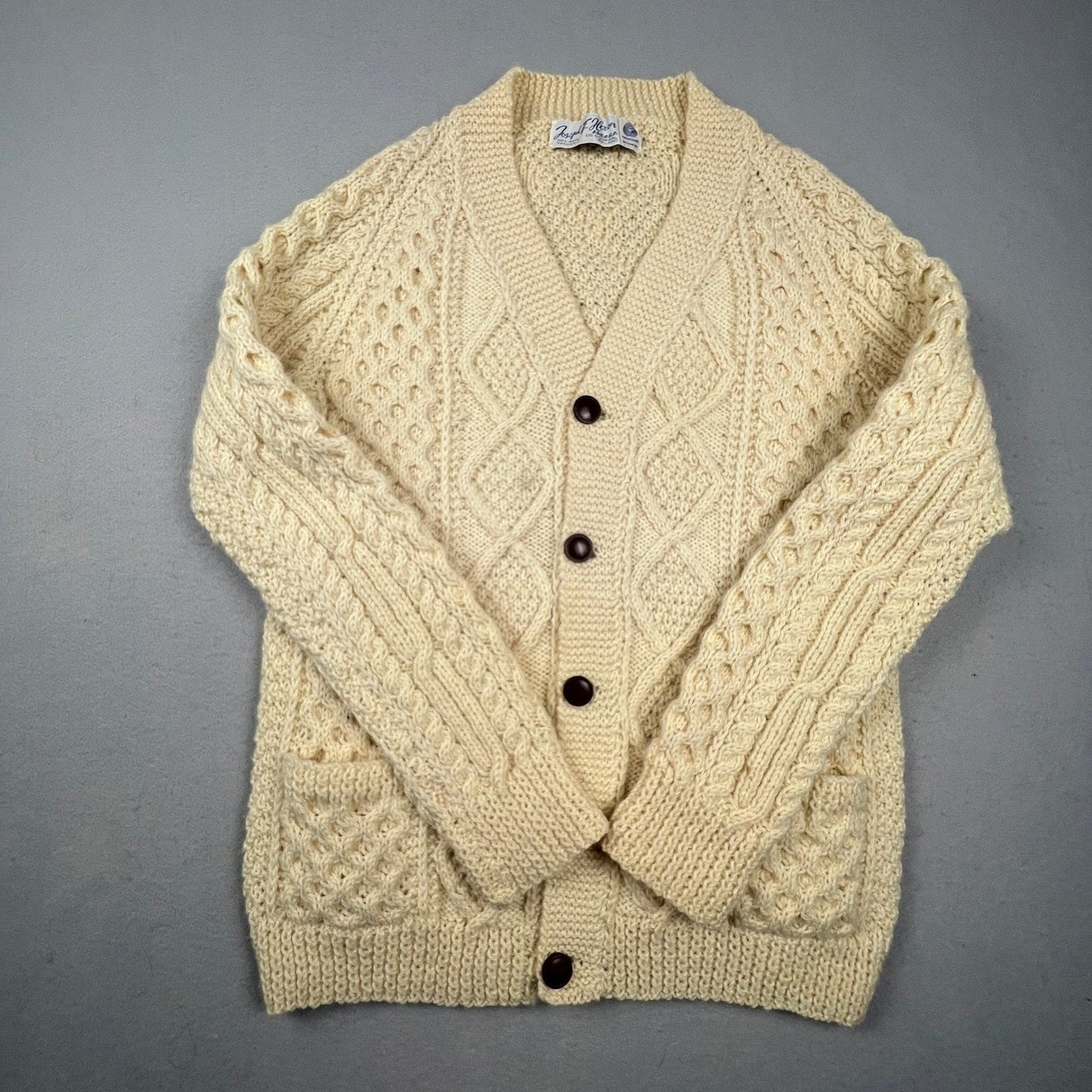 VTG Wool Handknit Joseph F. Heron Cardigan Mens M Cream Irish Aran Fisherman