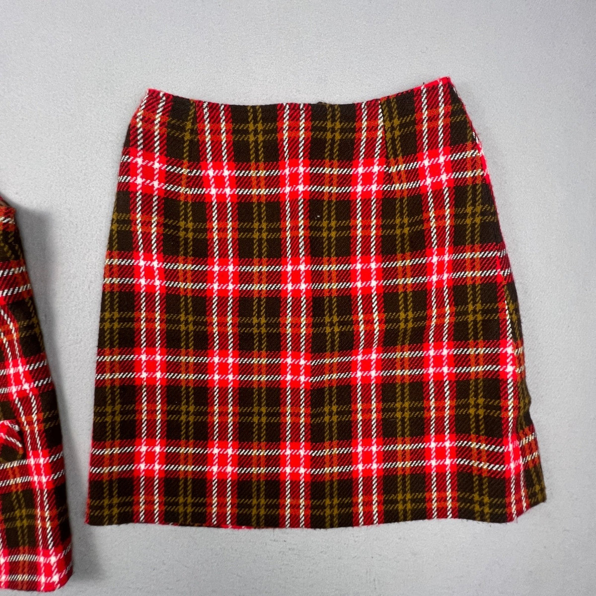 Vintage Plaid Skirt Set Womens Medium Red Brown Vest Mini Skirt Mod Academic