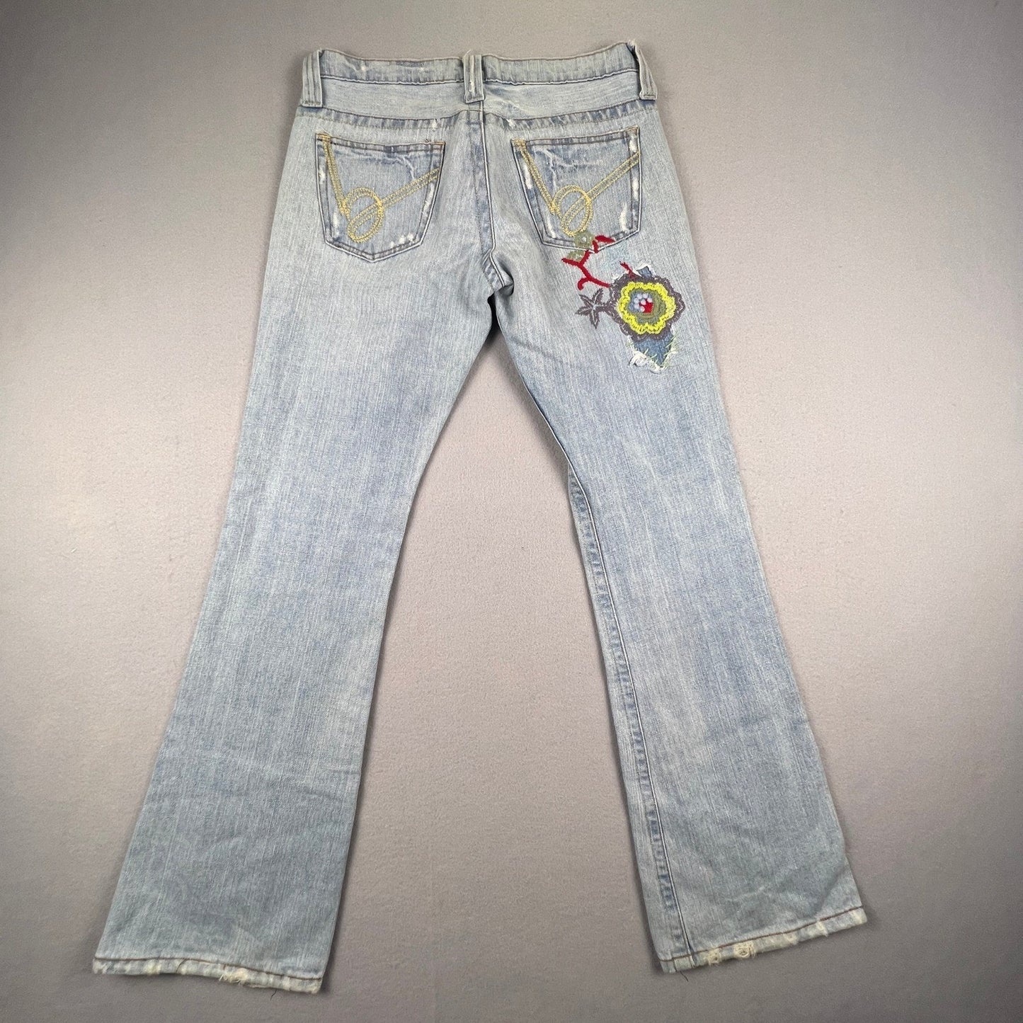 VTG Y2K Bebe Flare Jeans Womens 27 Embroidered Distressed Patchwork Boho
