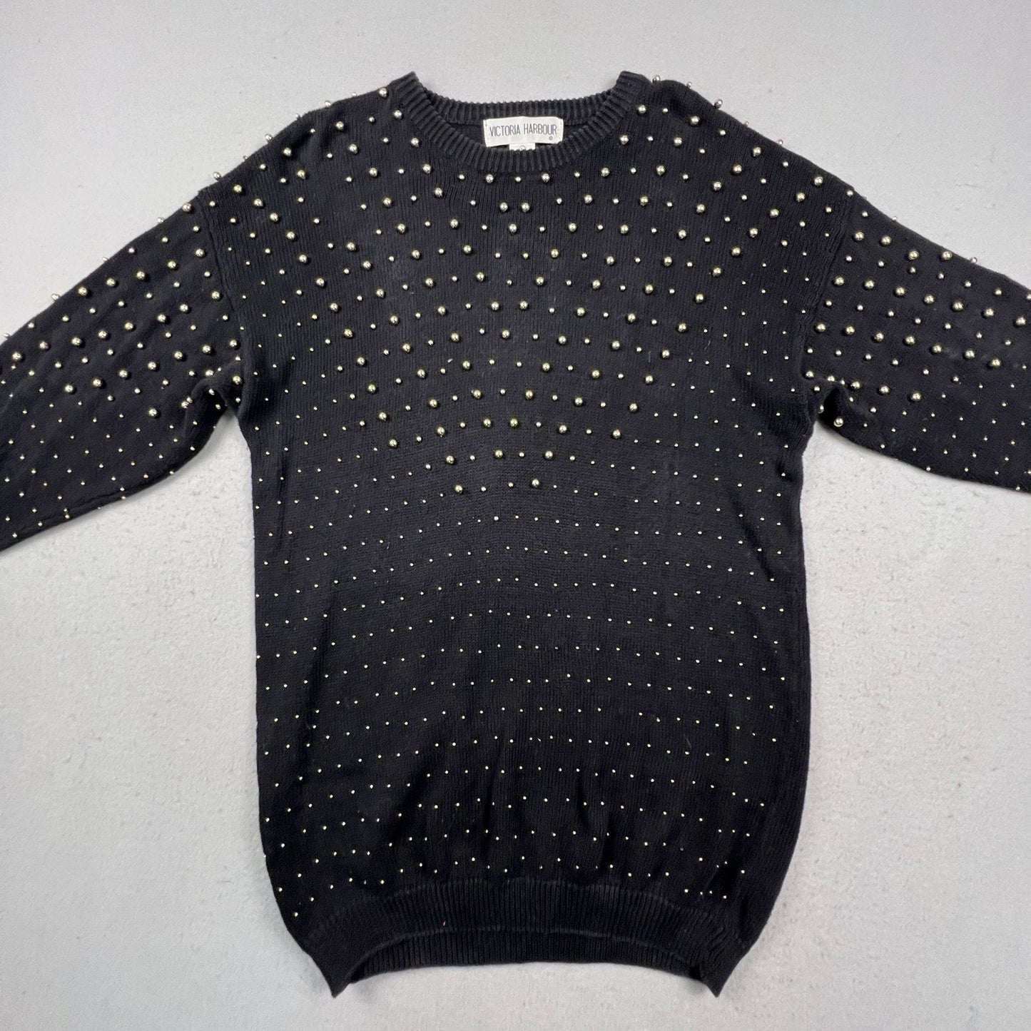 Victoria Harbour Sweater Womens L Black Gold Beaded Ramie Cotton Knit Crewneck
