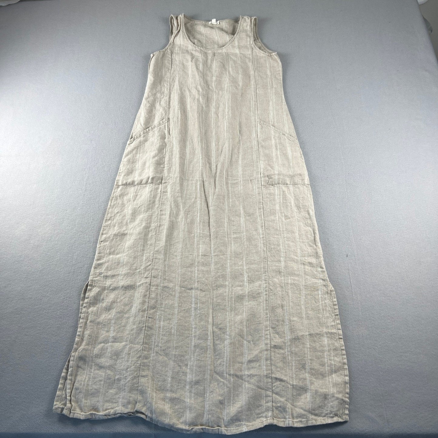 Garnet Hill Maxi Dress Womens 6 Beige Linen Striped Sleeveless Pockets Lagenlook