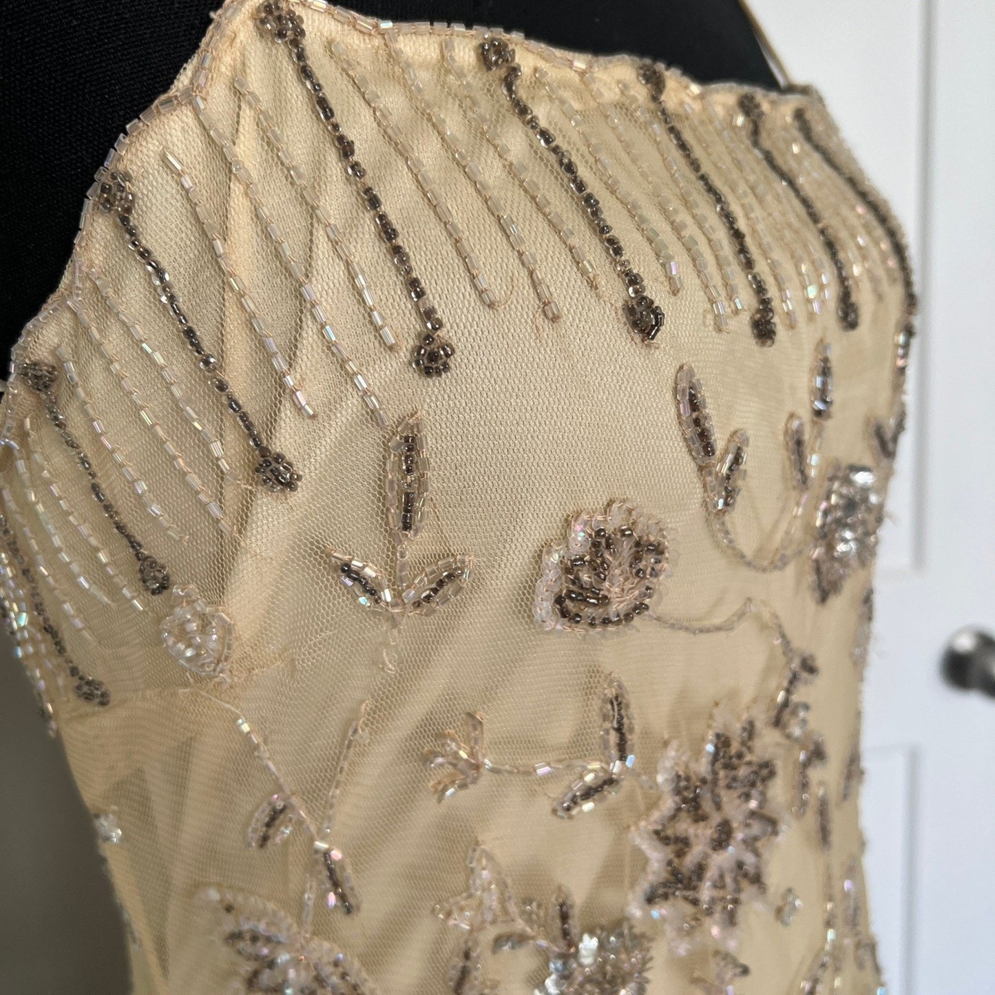 Vintage Style Beaded Dress Small Champagne Sequin Flapper Gown Bridal Wedding