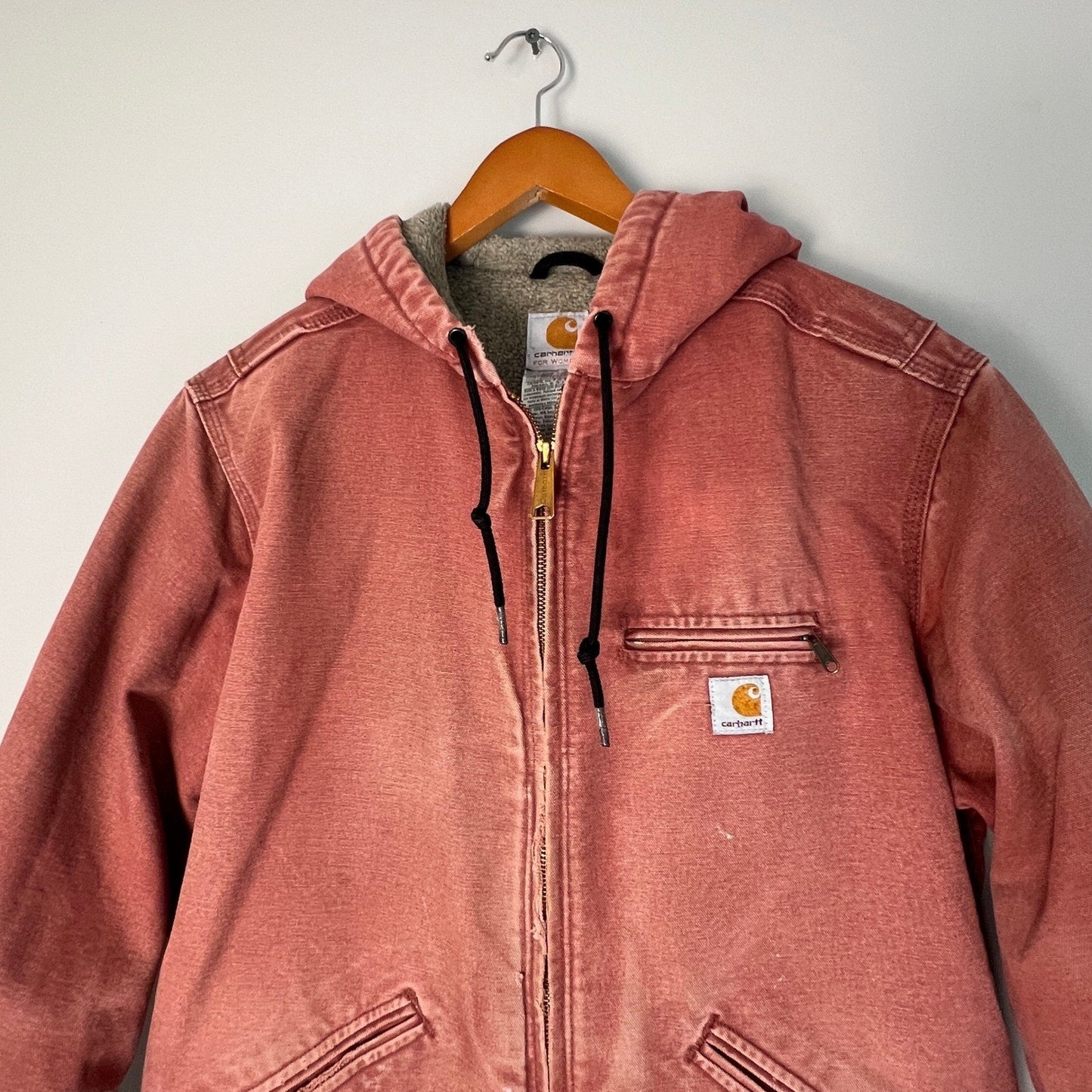 Carhartt WJ141 Sierra Jacket Women XL Rose Pink Sherpa Lined Hooded Work Coat