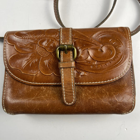 Patricia Nash Tooled Leather Crossbody Bag Tan Floral Embossed Vintage Boho
