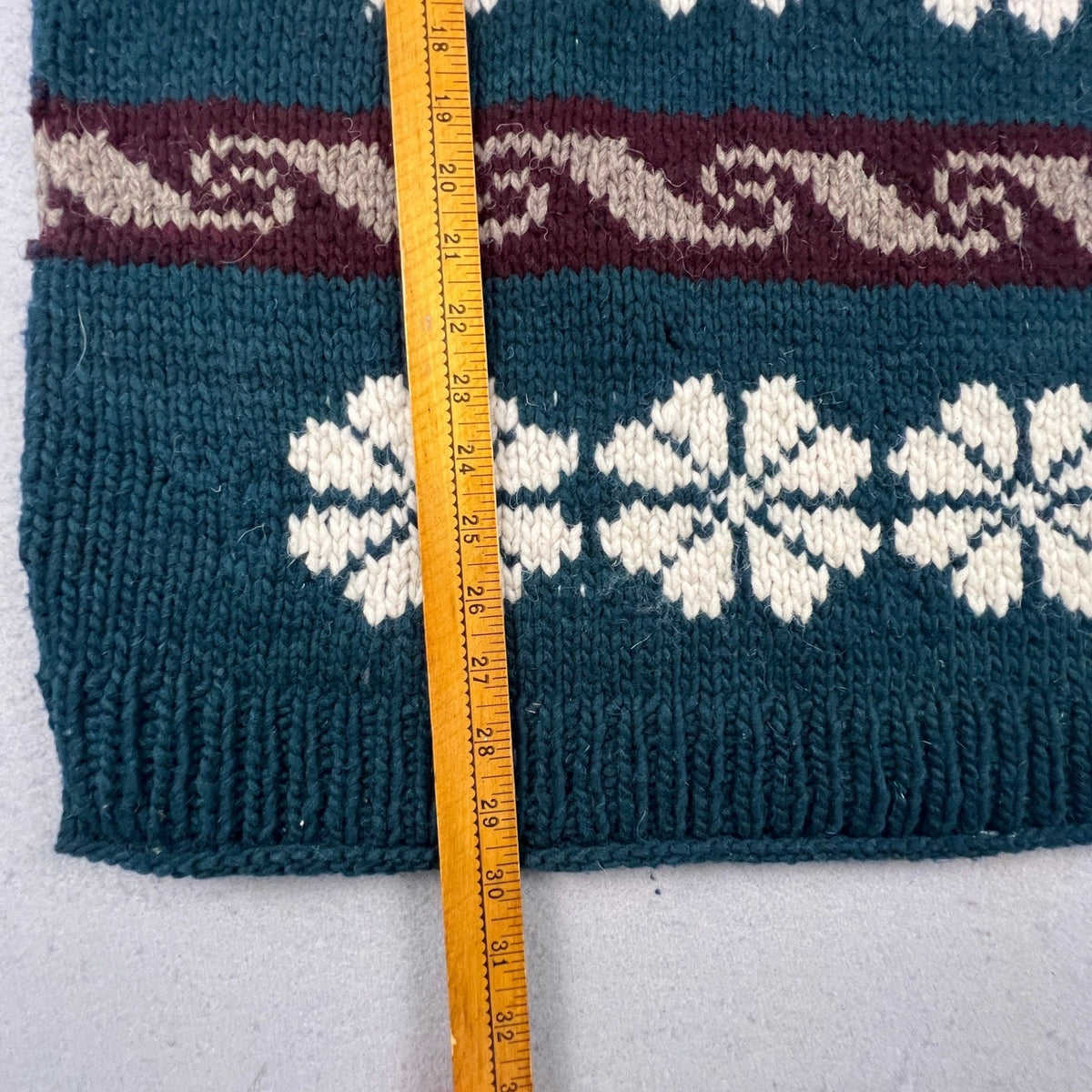 Hand Knit Nordic Snowflake Sweater Mens XL Teal Wool Blend Fair Isle Cabin Core