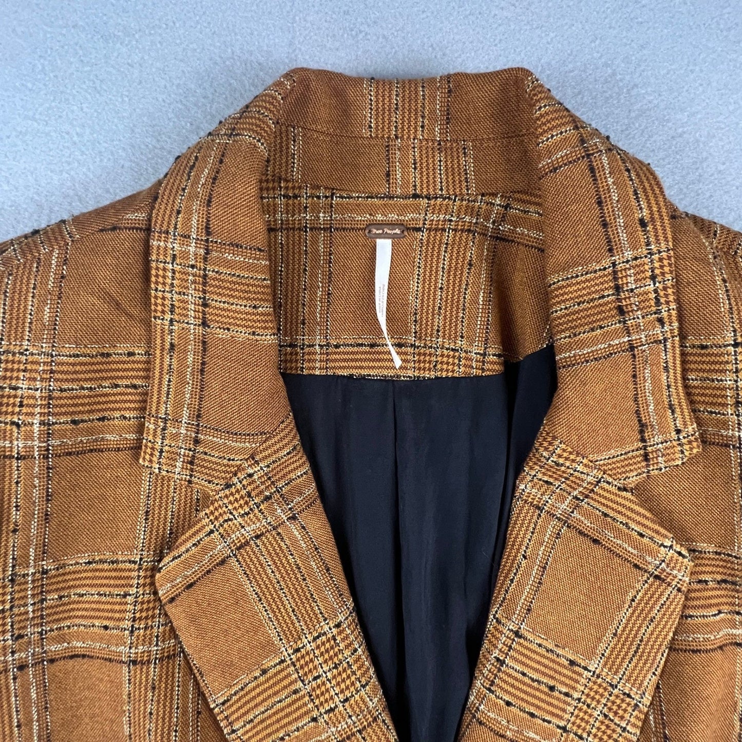 Free People Brown Plaid Longline Blazer Womens S Double Breasted Preppy Academia