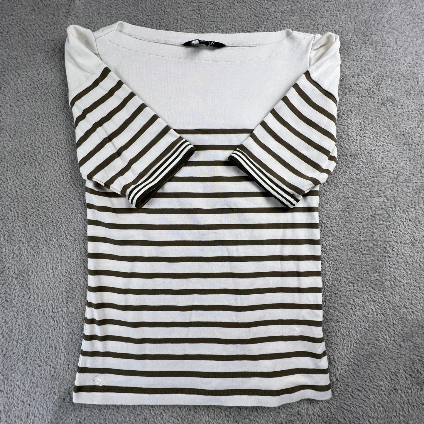 Lauren Ralph Lauren Womens Small Striped Top Cream Brown Preppy Coastal Chic