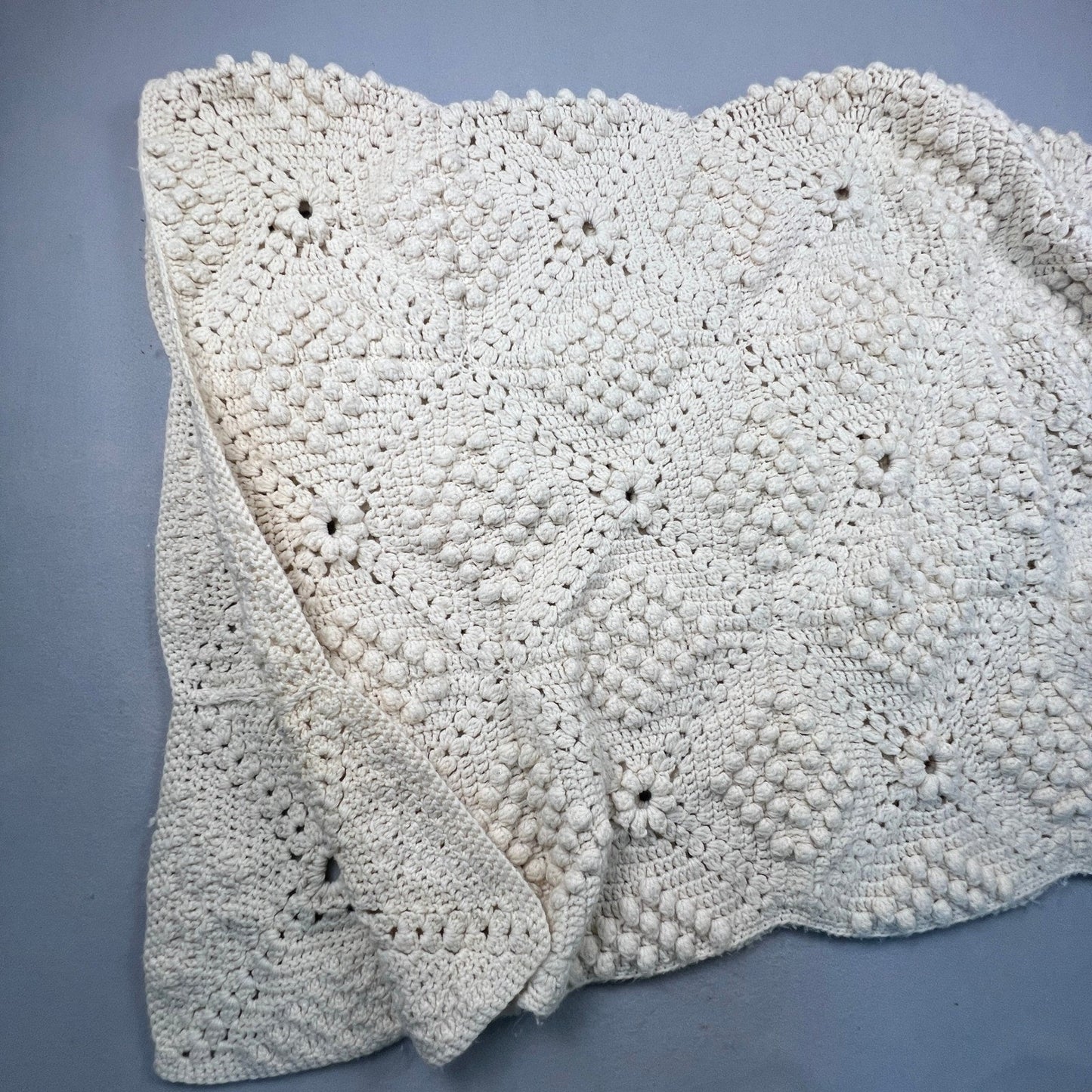 Handmade Crochet Popcorn Stitch Afghan Blanket 72x58 Cream Boho Farmhouse VTG