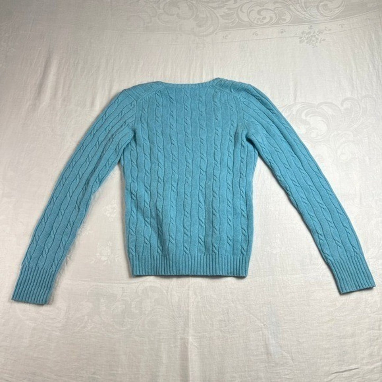 J.Crew Cable Knit Sweater Womens Small Blue Merino Wool V Neck Preppy Classic