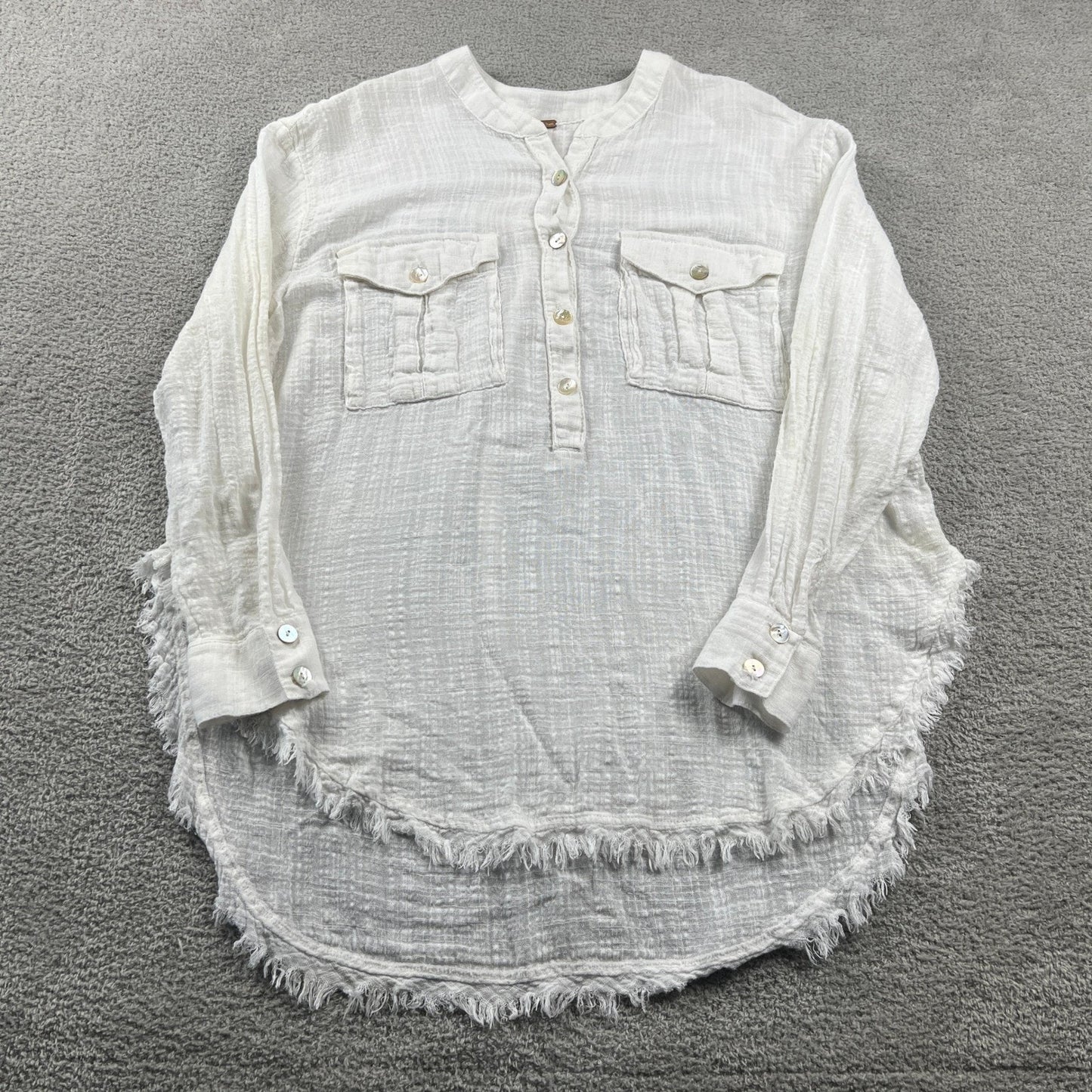 Free People Coastal Resort wear Gauze Tunic Top Small Frayed Hem Henley Beachy