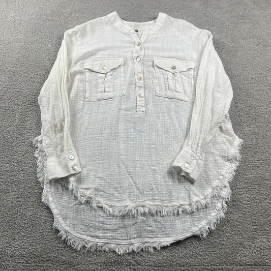 Free People Coastal Resort wear Gauze Tunic Top Small Frayed Hem Henley Beachy