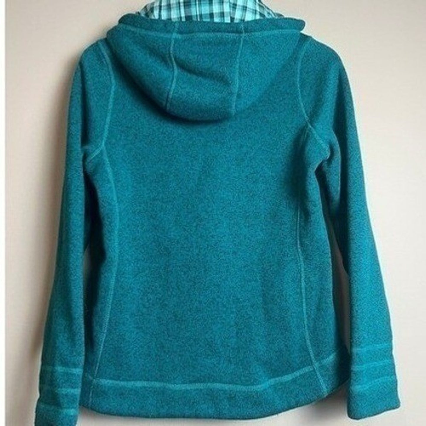 The North Face Fleece Hoodie Pullover Women's Small Petite Teal Neck Plaid Lined