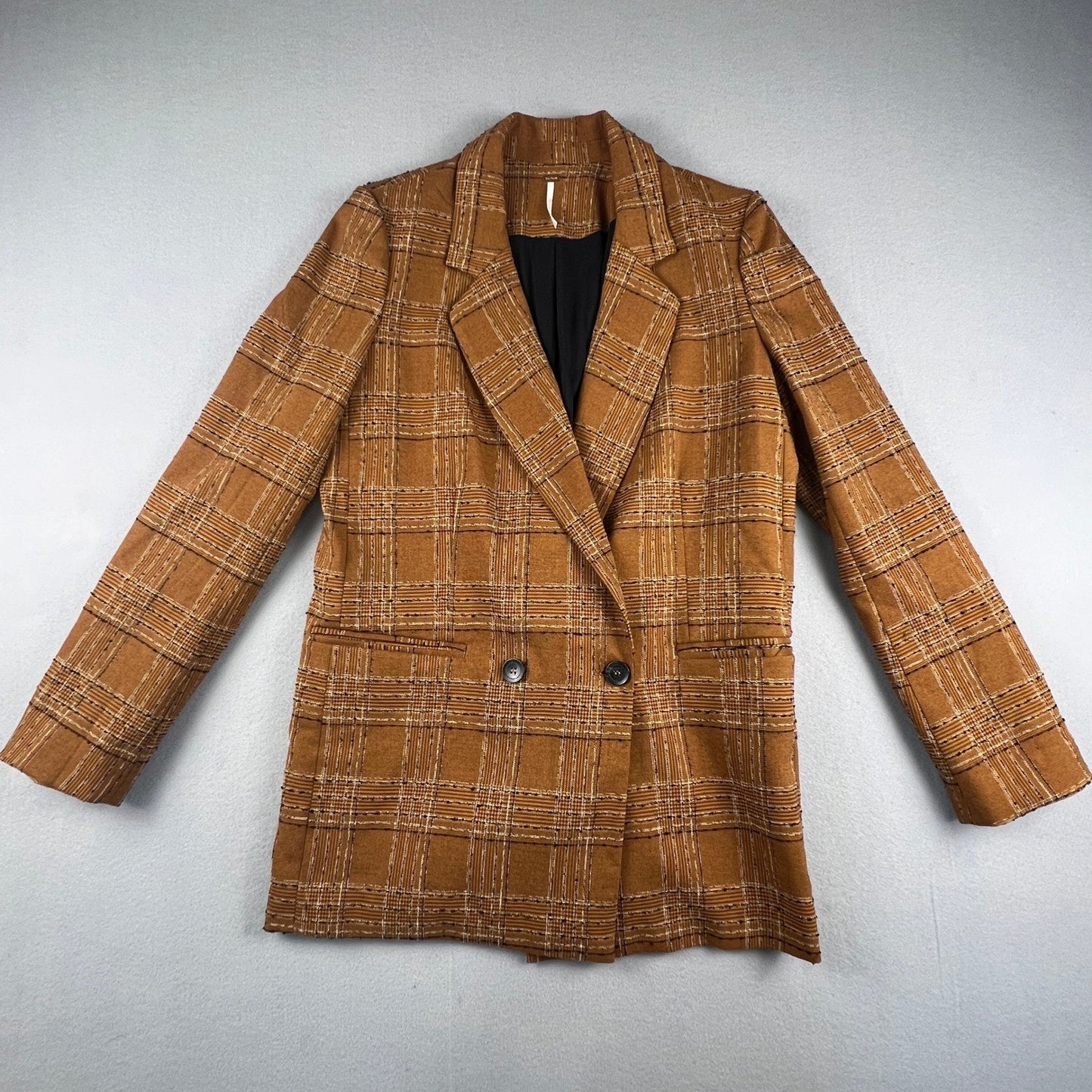 Free People Brown Plaid Longline Blazer Womens S Double Breasted Preppy Academia