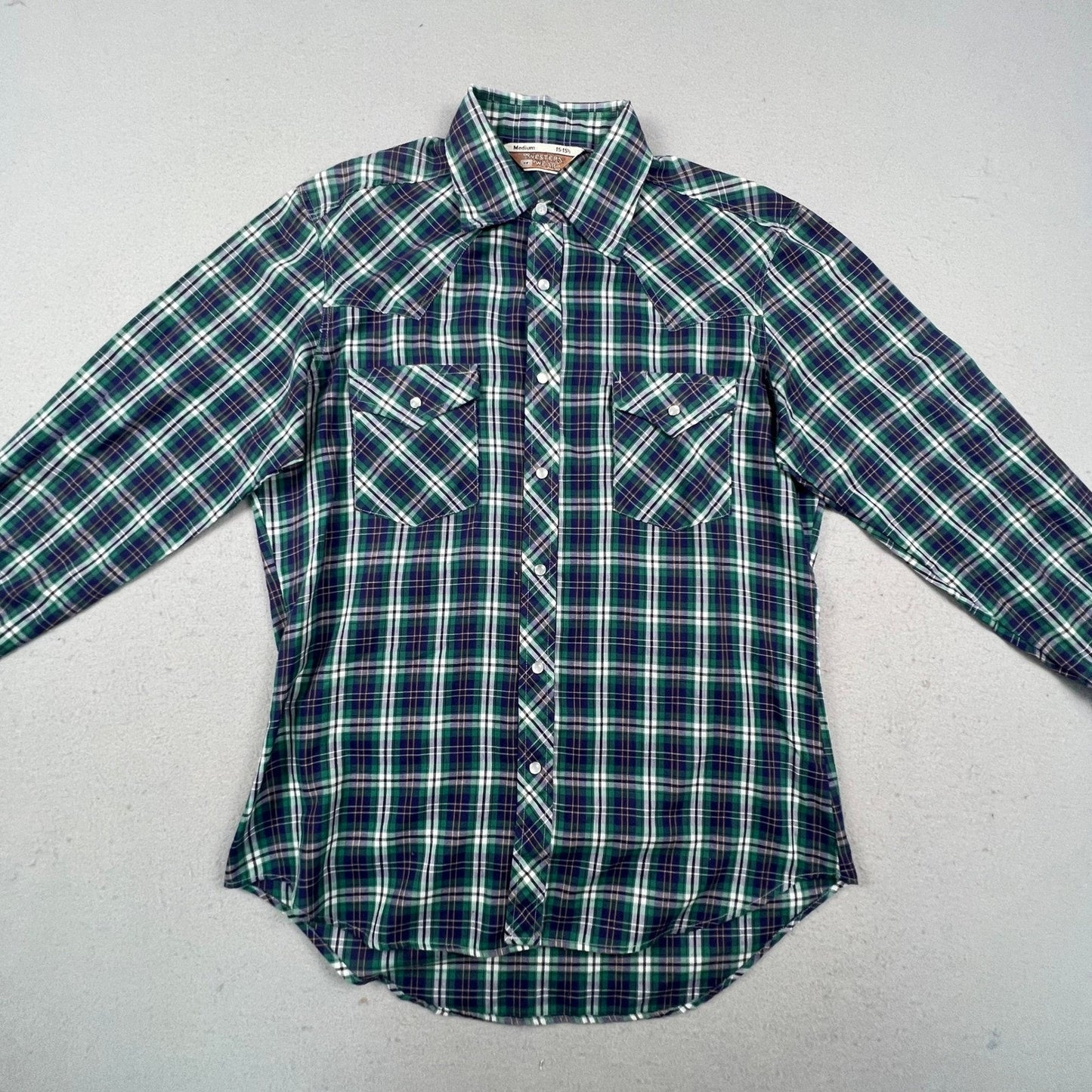 Sears Western Wear Pearl Snap Shirt Mens Medium Green Plaid Vintage Cowboy Yoke