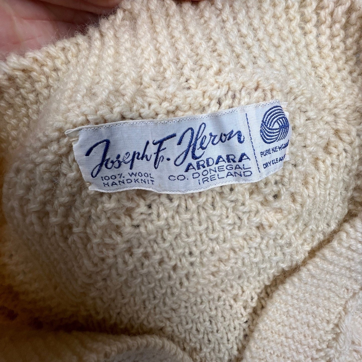 VTG Wool Handknit Joseph F. Heron Cardigan Mens M Cream Irish Aran Fisherman