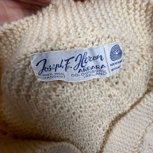 VTG Wool Handknit Joseph F. Heron Cardigan Mens M Cream Irish Aran Fisherman