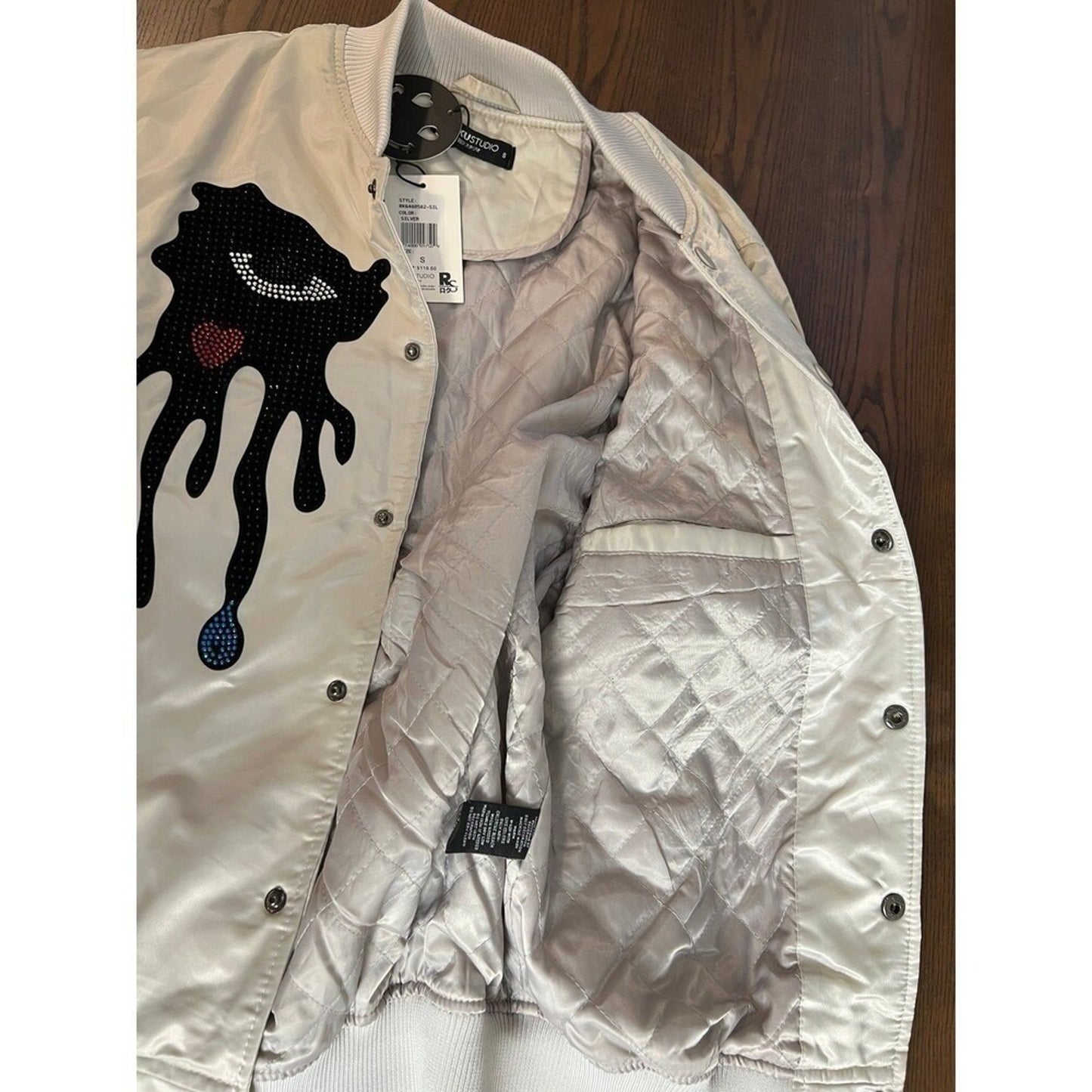Y2K Roku Studio Bomber Jacket Mens Small NWT Silver Rhinestones Tear Drop Grunge