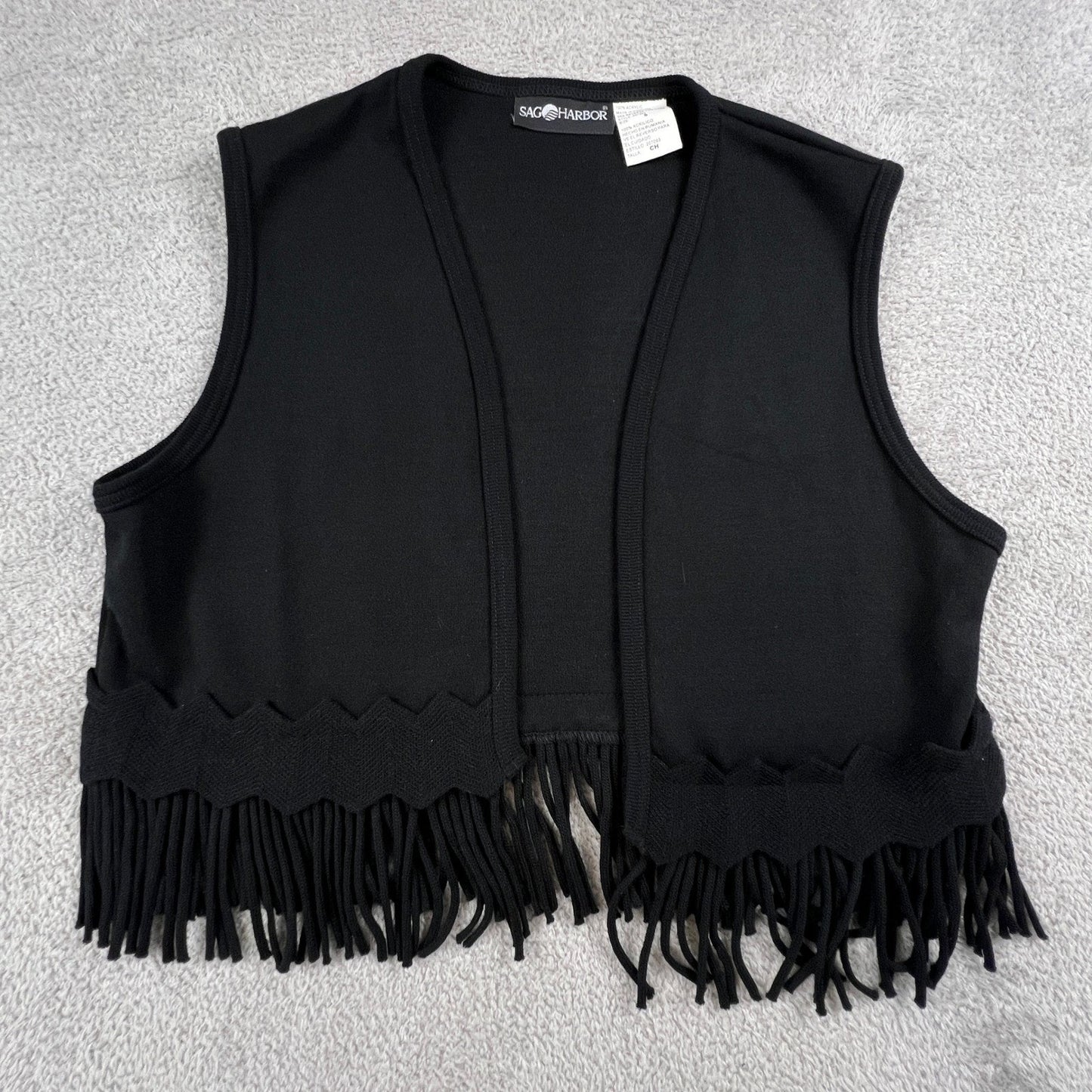 Fringe Knit Vest Women Small Black Open Front Boho Western Festival