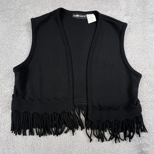 Fringe Knit Vest Women Small Black Open Front Boho Western Festival