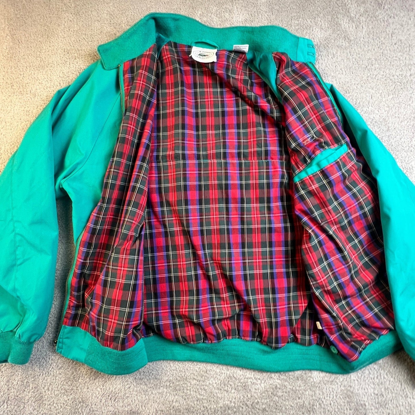 Vintage Izod Lacoste Harrington Jacket Mens Large Teal Green Plaid Lined