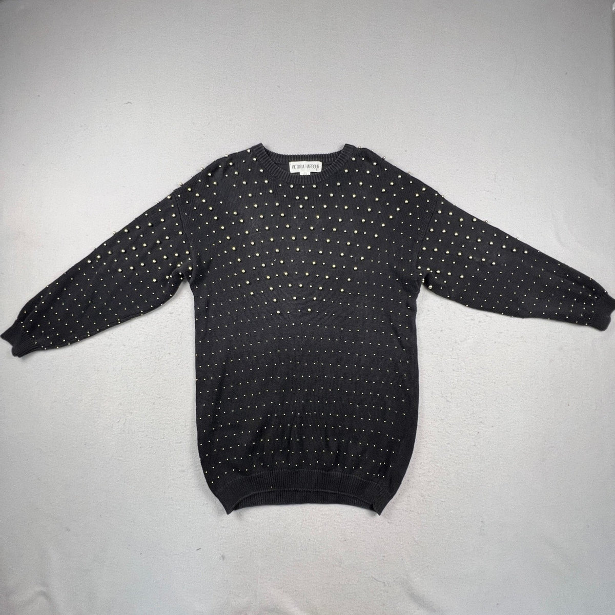 Victoria Harbour Sweater Womens L Black Gold Beaded Ramie Cotton Knit Crewneck