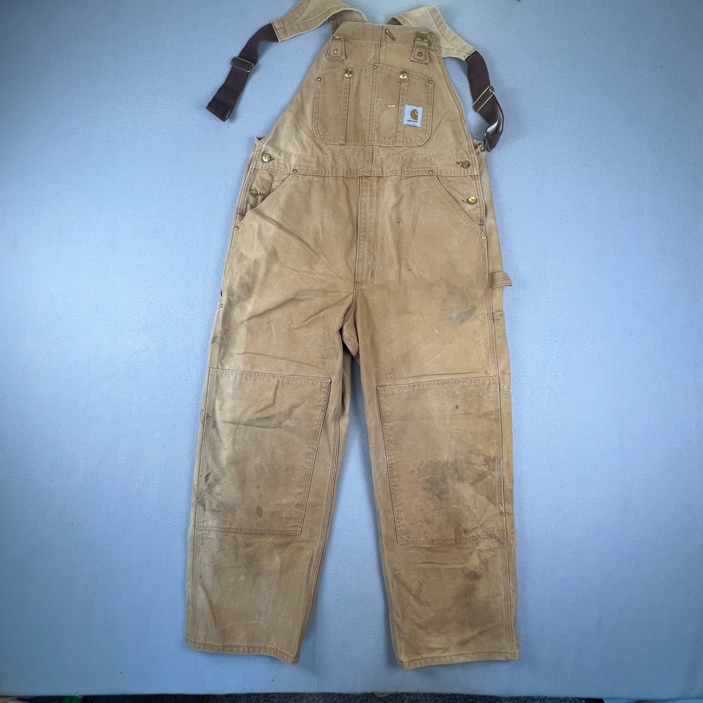 Carhartt Bib Overalls Mens 38x30 Brown R01 BRN Double Knee Workwear Distressed