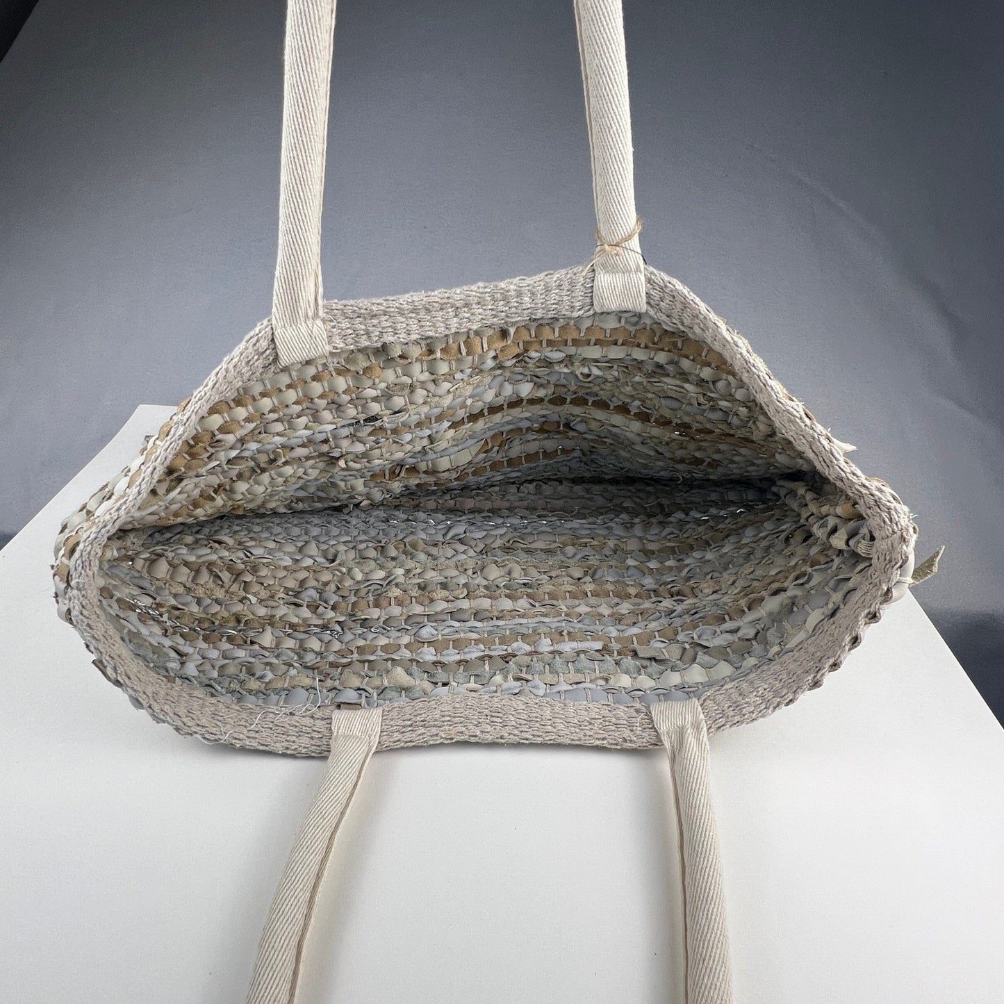 Handcrafted Upcycled Woven Tote Bag Large Neutral Boho Eco-Friendly Beach Travel