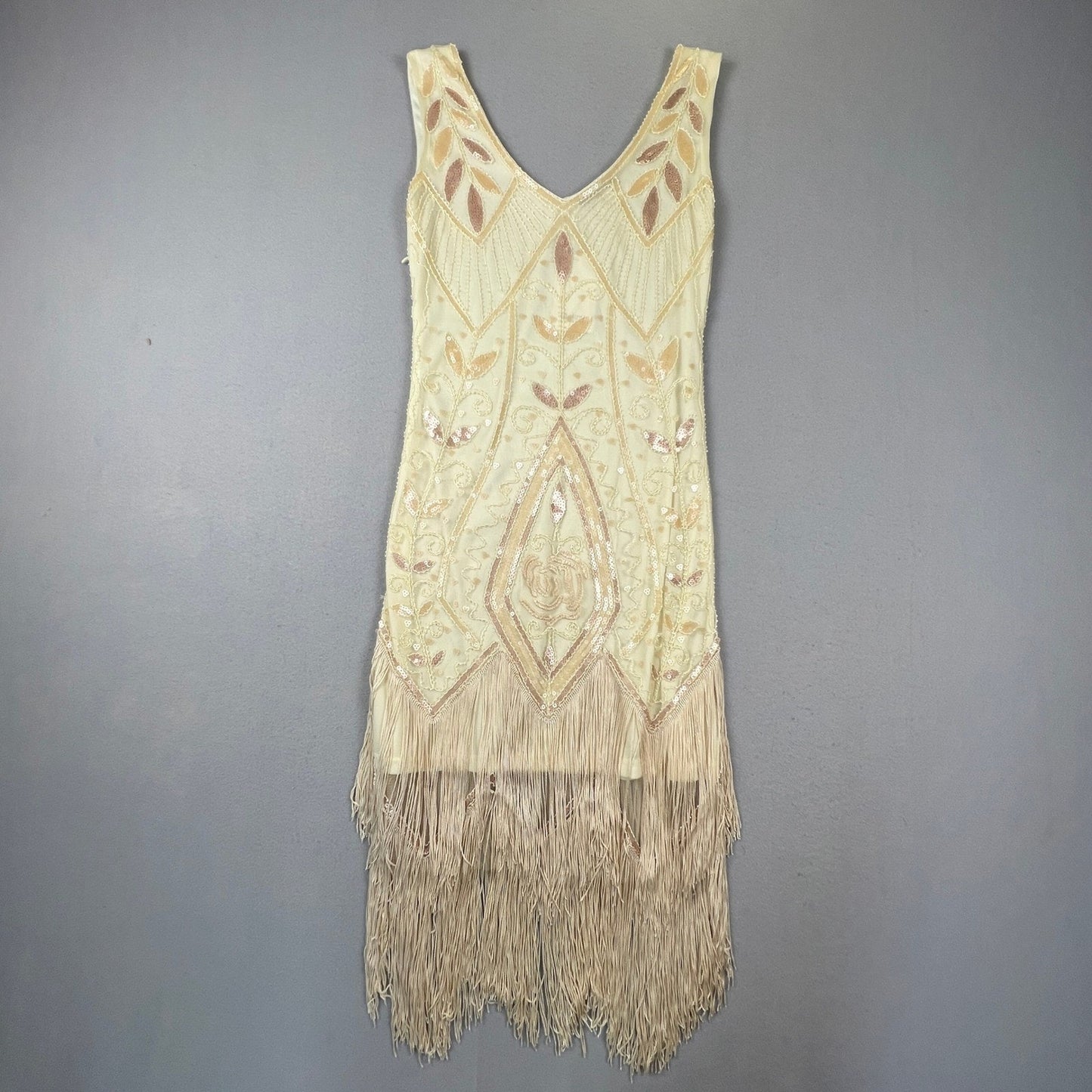 NWT Metme Flapper Dress Womens Small Cream Sequin Fringe Art Deco Gatsby Party