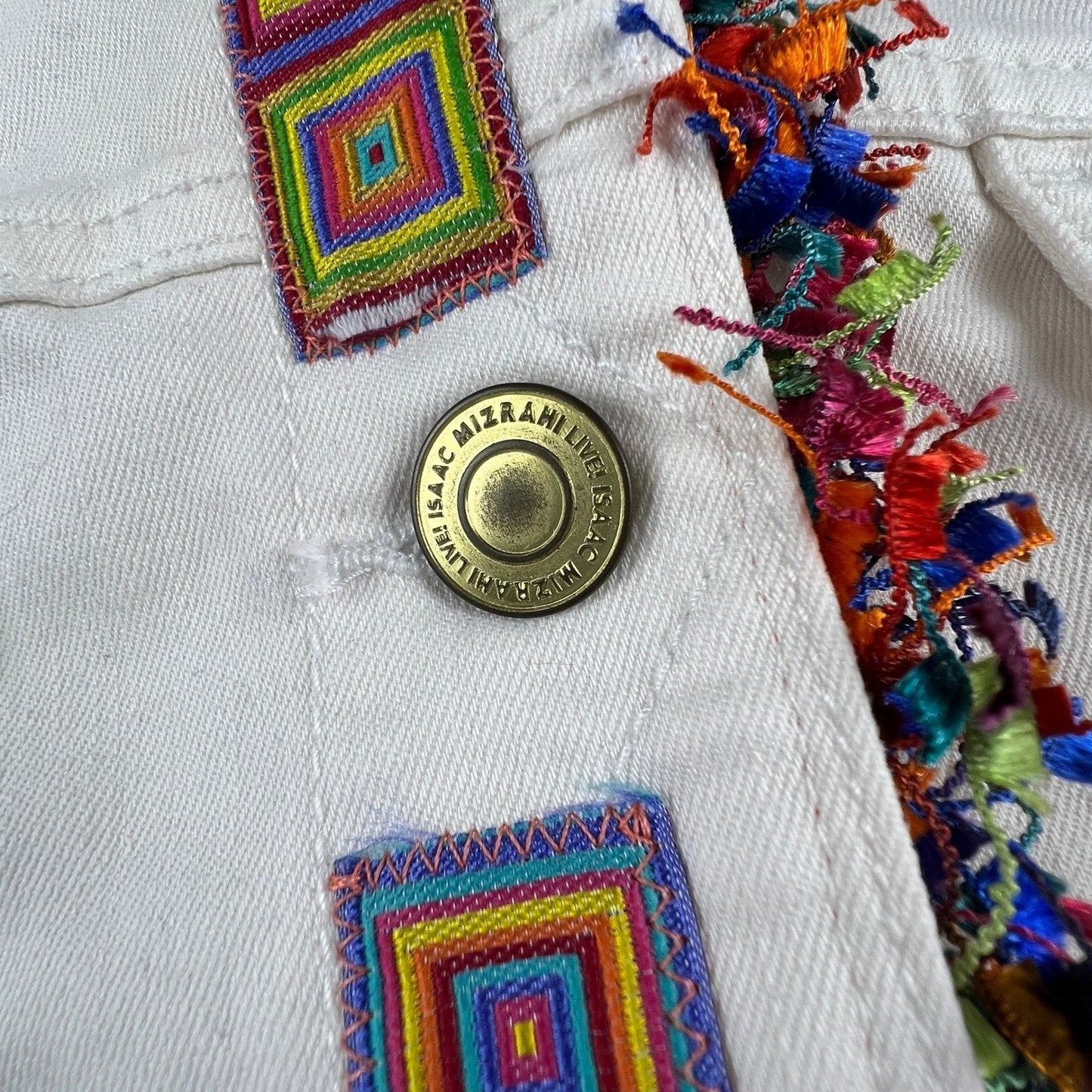 Isaac Mizrahi Live Denim Jacket Womens 16 White Embroidered Fringe Boho Festival