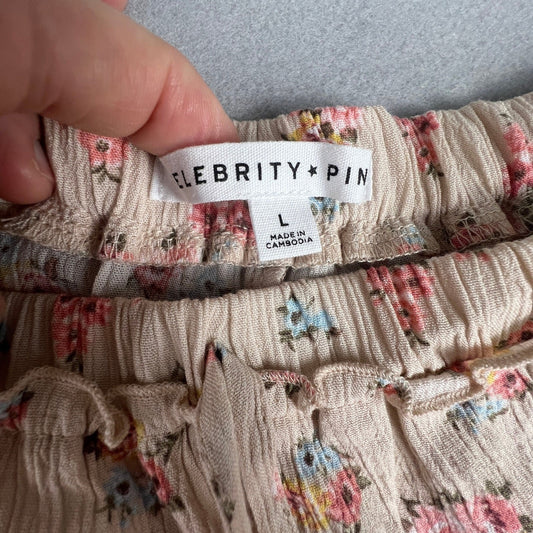 Boho Cottagecore Pink Maxi Skirt L Beige Floral Tiered Casual Summer