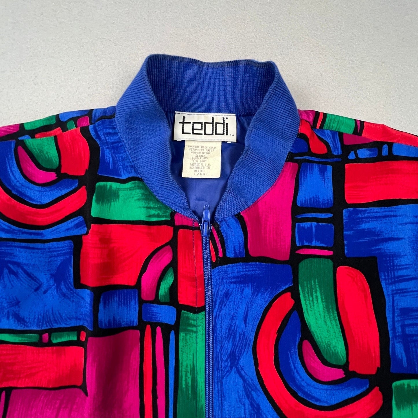 VTG Retro 90s Teddi Bomber Jacket Womens Large Blue Abstract Geometric Zip Up