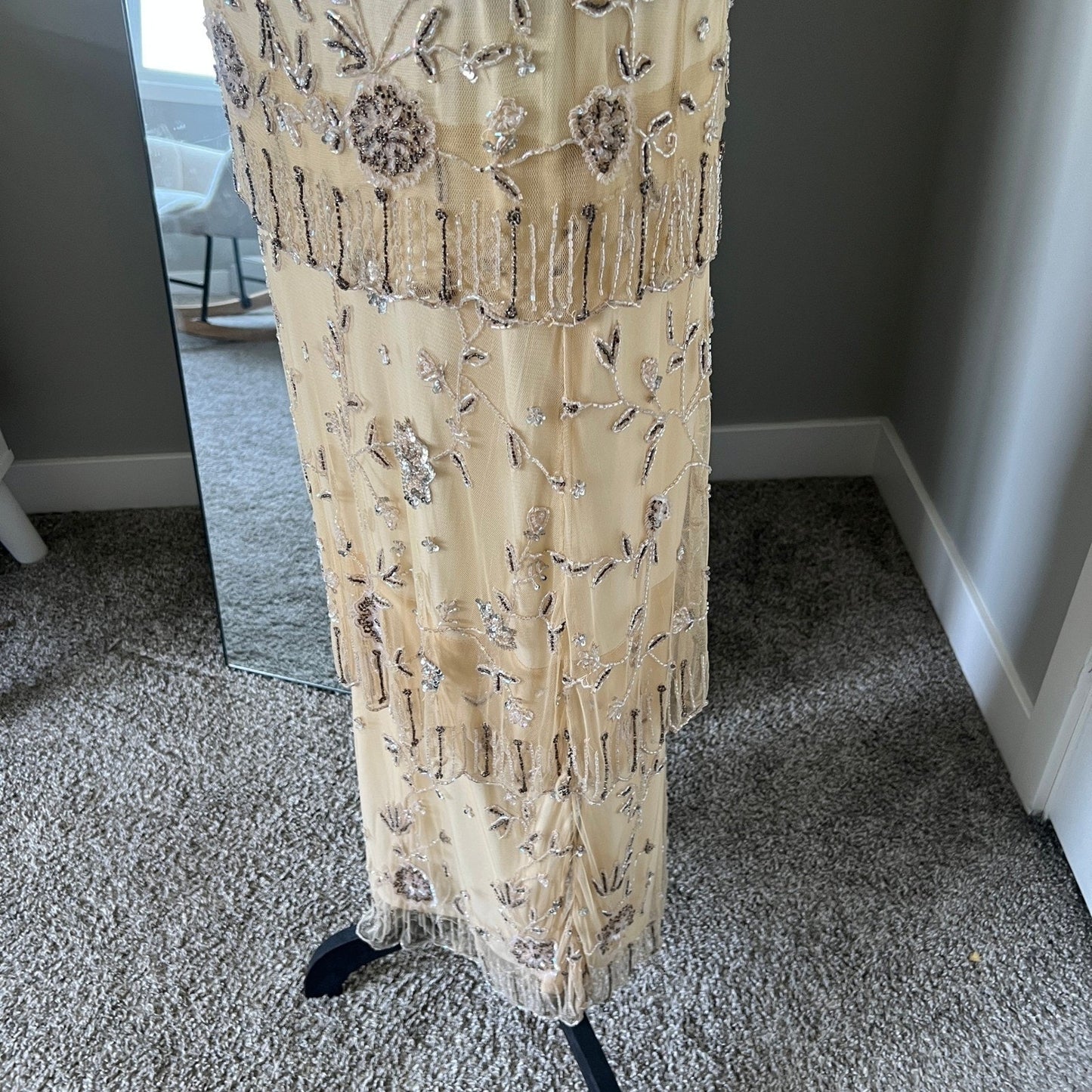 Vintage Style Beaded Dress Small Champagne Sequin Flapper Gown Bridal Wedding