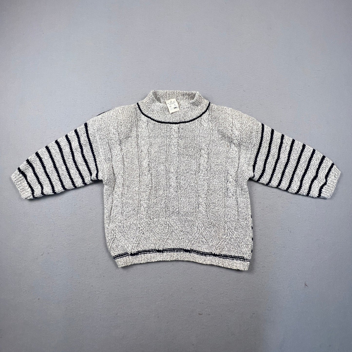 T.Q. Vintage Mock Neck Sweater Womens Small Grey Navy Striped Cable Knit Cotton