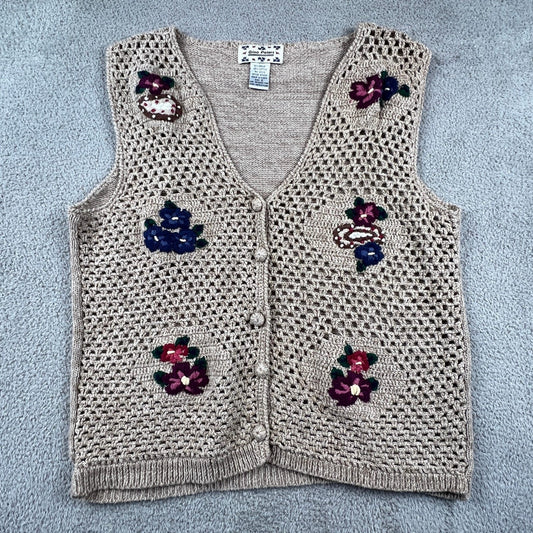 Vintage Crochet Knit Sweater Vest Small Embroidered Grandmacore Cottagecore