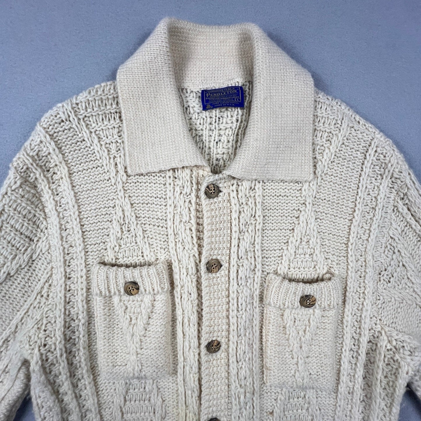 Vintage Pendleton Sweater Mens Large Cream Wool Cable Knit Aran Cardigan USA