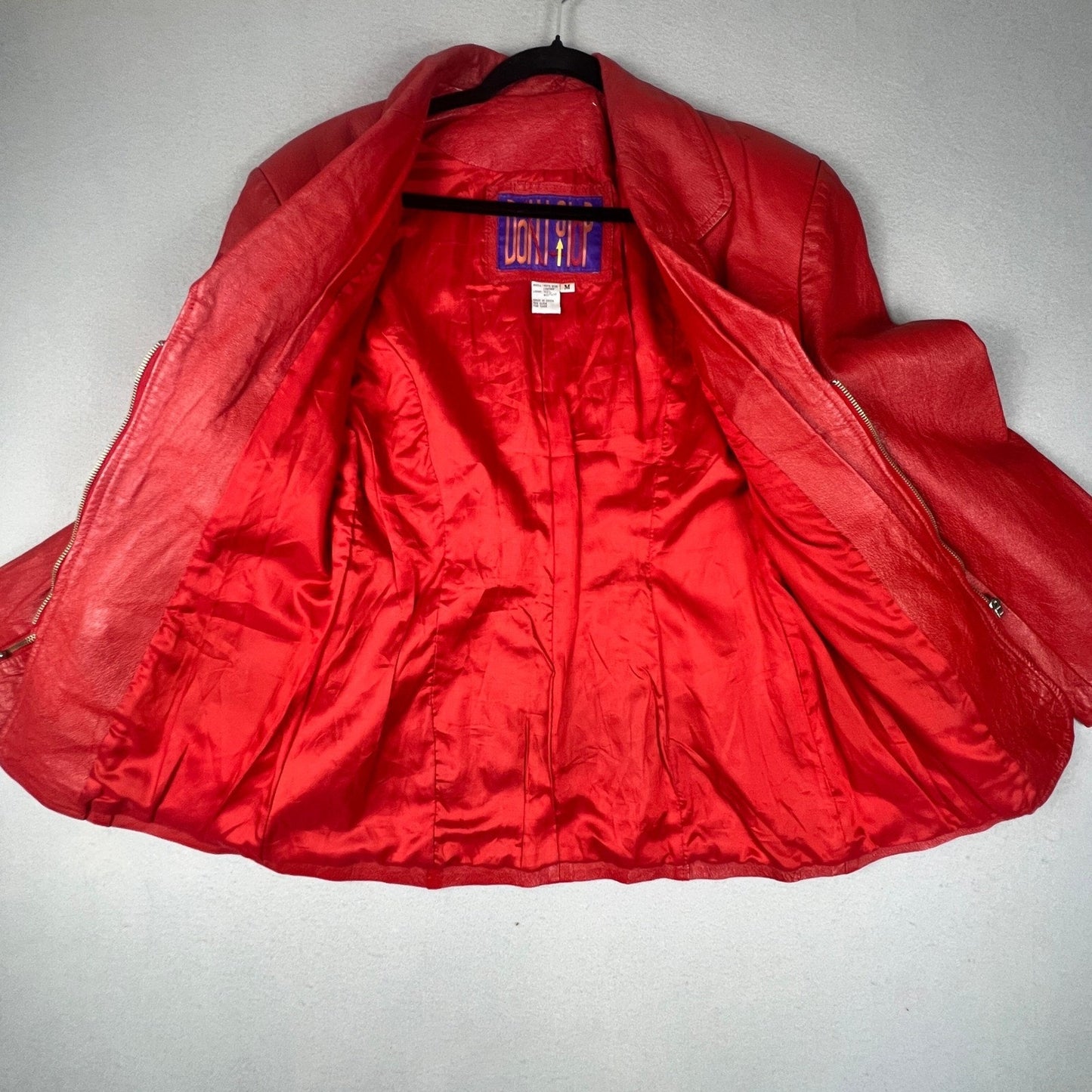 VTG 80s Don't Stop Leather Jacket Women Medium Red Zip Vintage Biker Chic Retro
