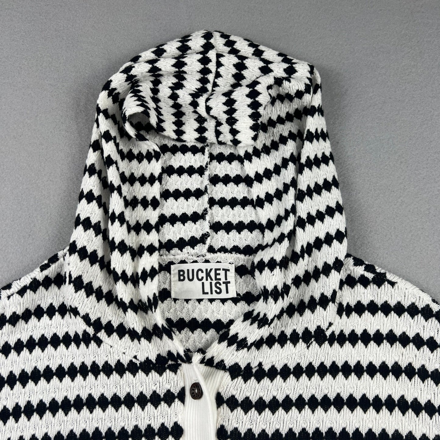 Oversized Knit Hoodie Womens Black White Geometric Henley Coastal Pullover
