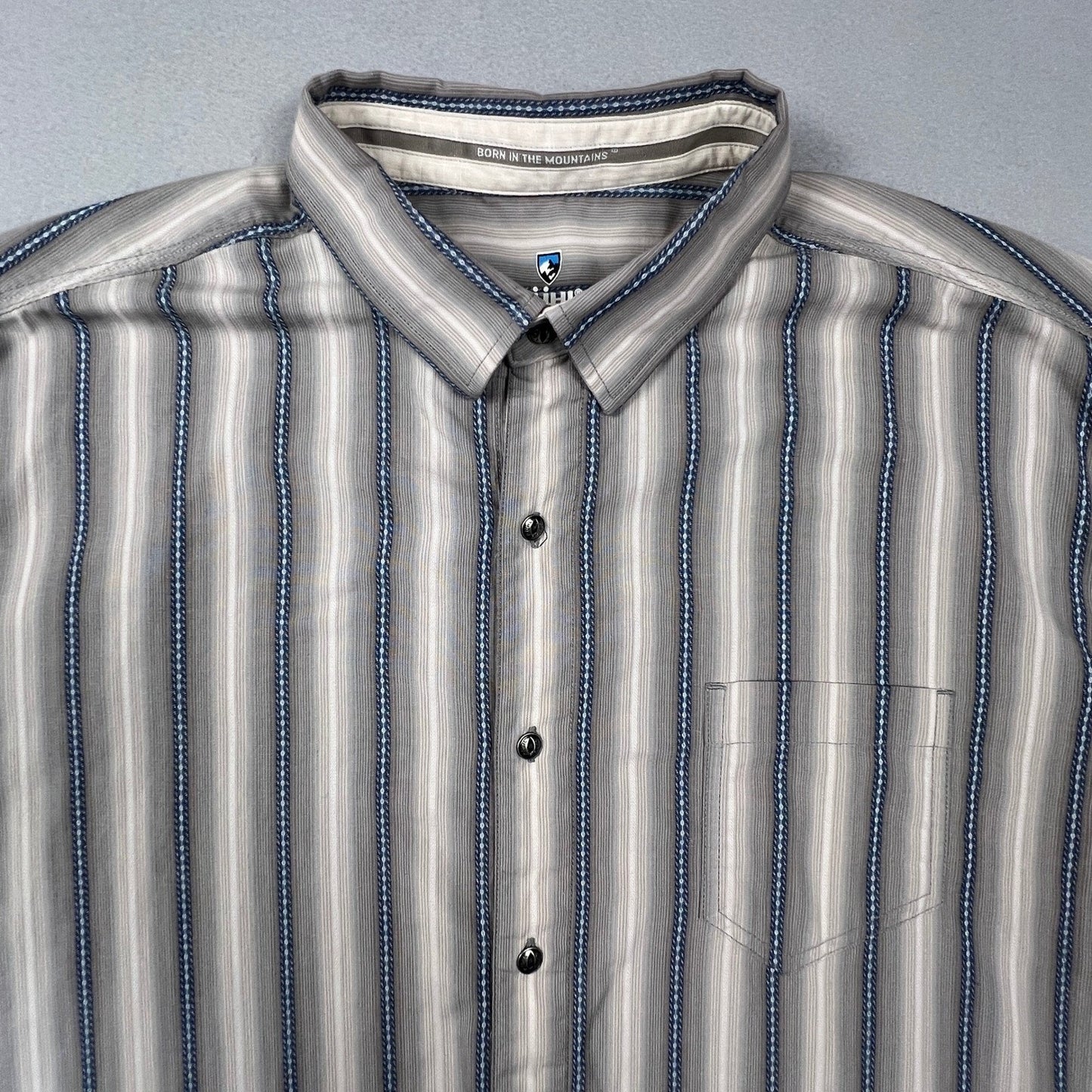 KUHL Button Down Shirt Mens XXL Grey Blue Striped Short Sleeve Outdoor Hiking