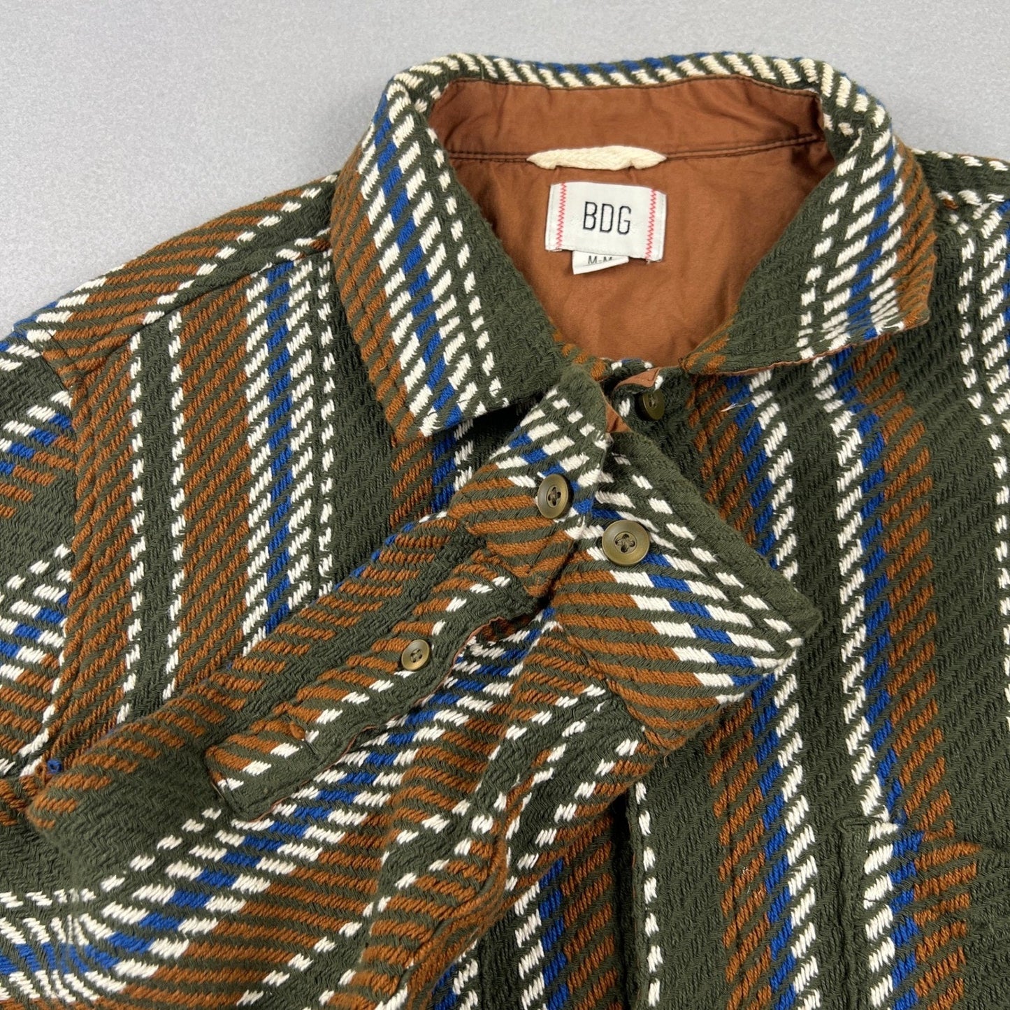 100% Cottong BDG Woven Shirt Jacket Mens Medium Green Striped Heavy Boho Workwear