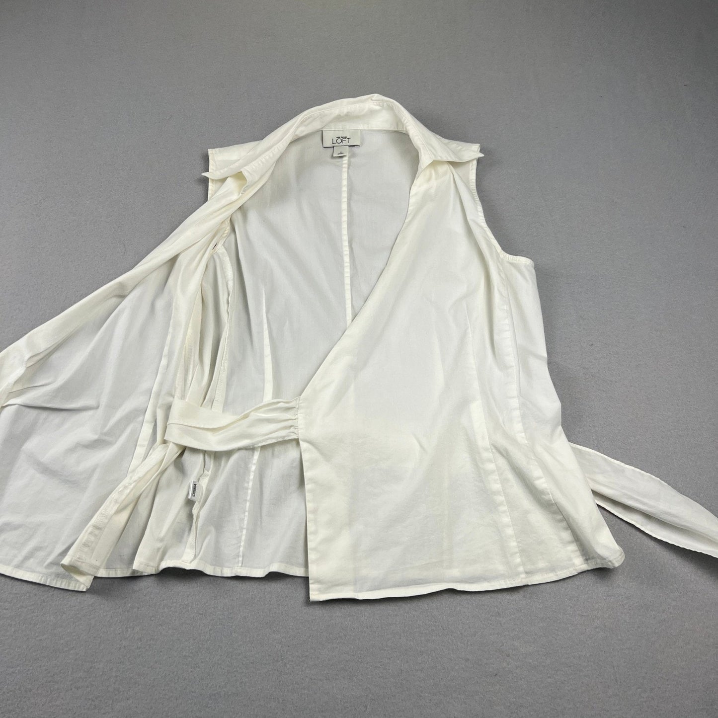 Ann Taylor Loft Wrap Blouse Womens 8 White Sleeveless Collared Side Tie Casual