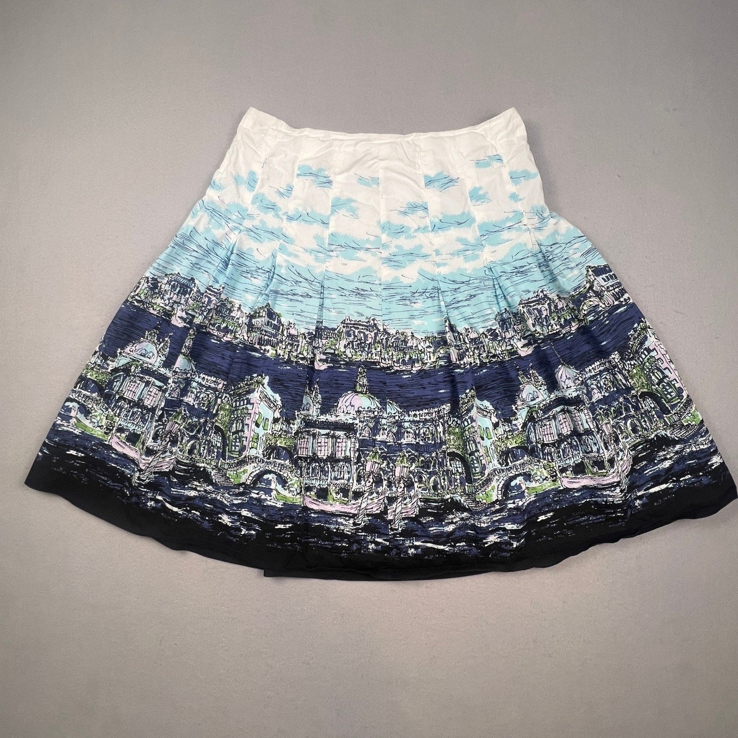 Talbots Pleated Skirt Womens 10 Blue Venice Cityscape Print A-Line Knee Length