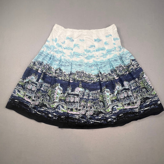 Talbots Pleated Skirt Womens 10 Blue Venice Cityscape Print A-Line Knee Length