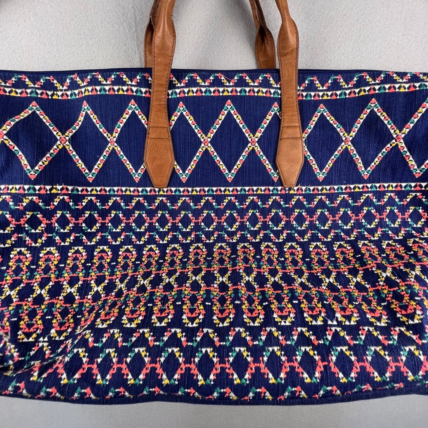 Boho Weekender Travel Bag Large Blue Embroidered Geometric Tote Carry On