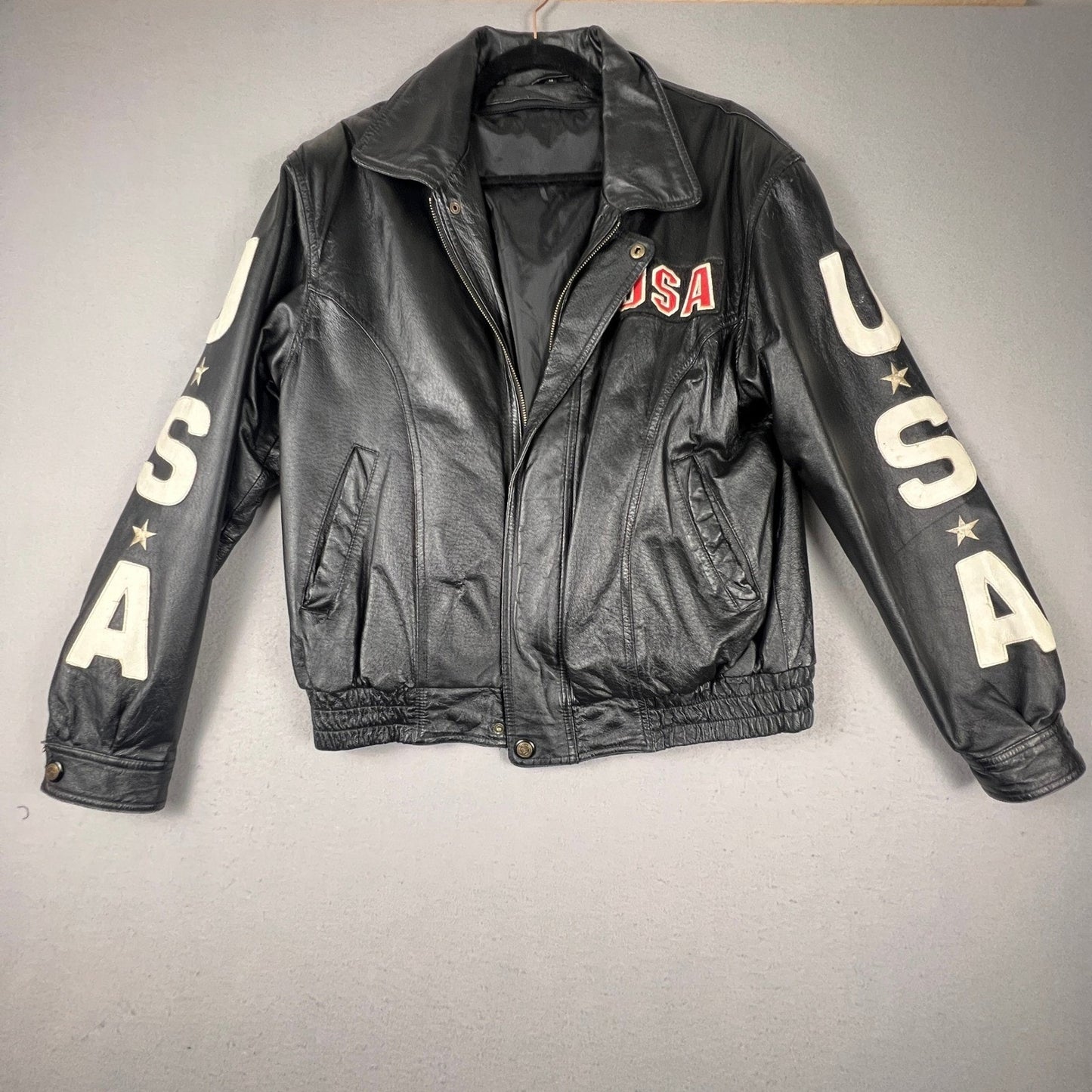 Leather Bomber Jacket Mens L Black USA Eagle Patriotic Biker Vintage Rocker