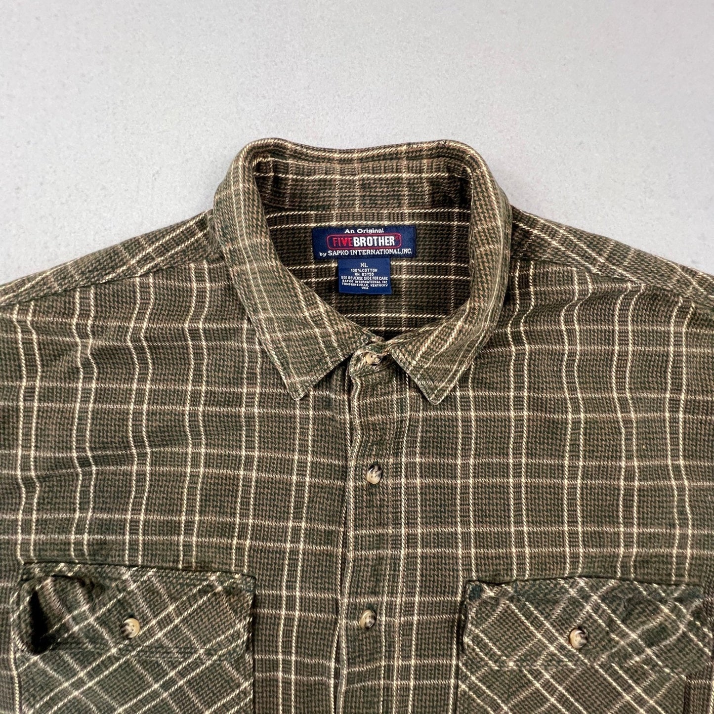 Five Brother Flannel Shirt Mens XL Green Brown Plaid Heavy Cotton Workwear Vtg