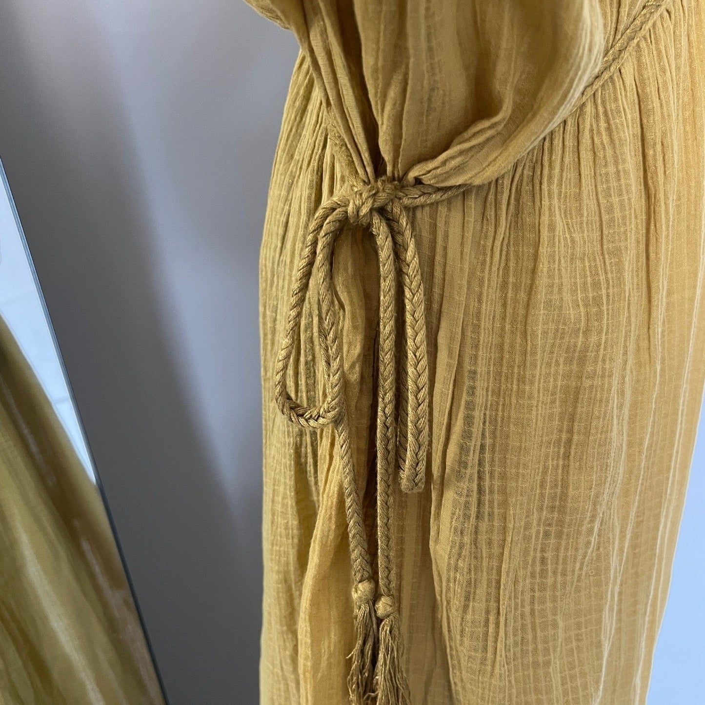 Zara Maxi Dress Womens M Yellow V-Neck Textured Tassel Boho Beach Kaftan