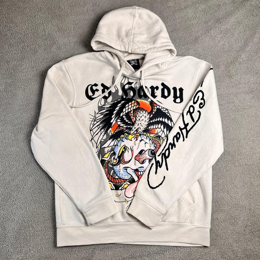 Y2K Ed Hardy Hoodie Eagle Skull Snake Flames Mens Size Medium White Sweatshirt