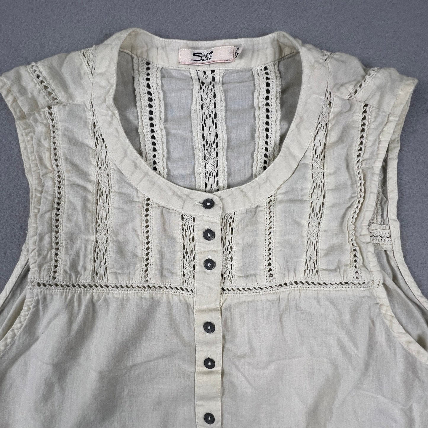 100% Cotton Silver Jeans Co Tank Top Women XL Cream Crochet Lace Boho Fairycore Blouse